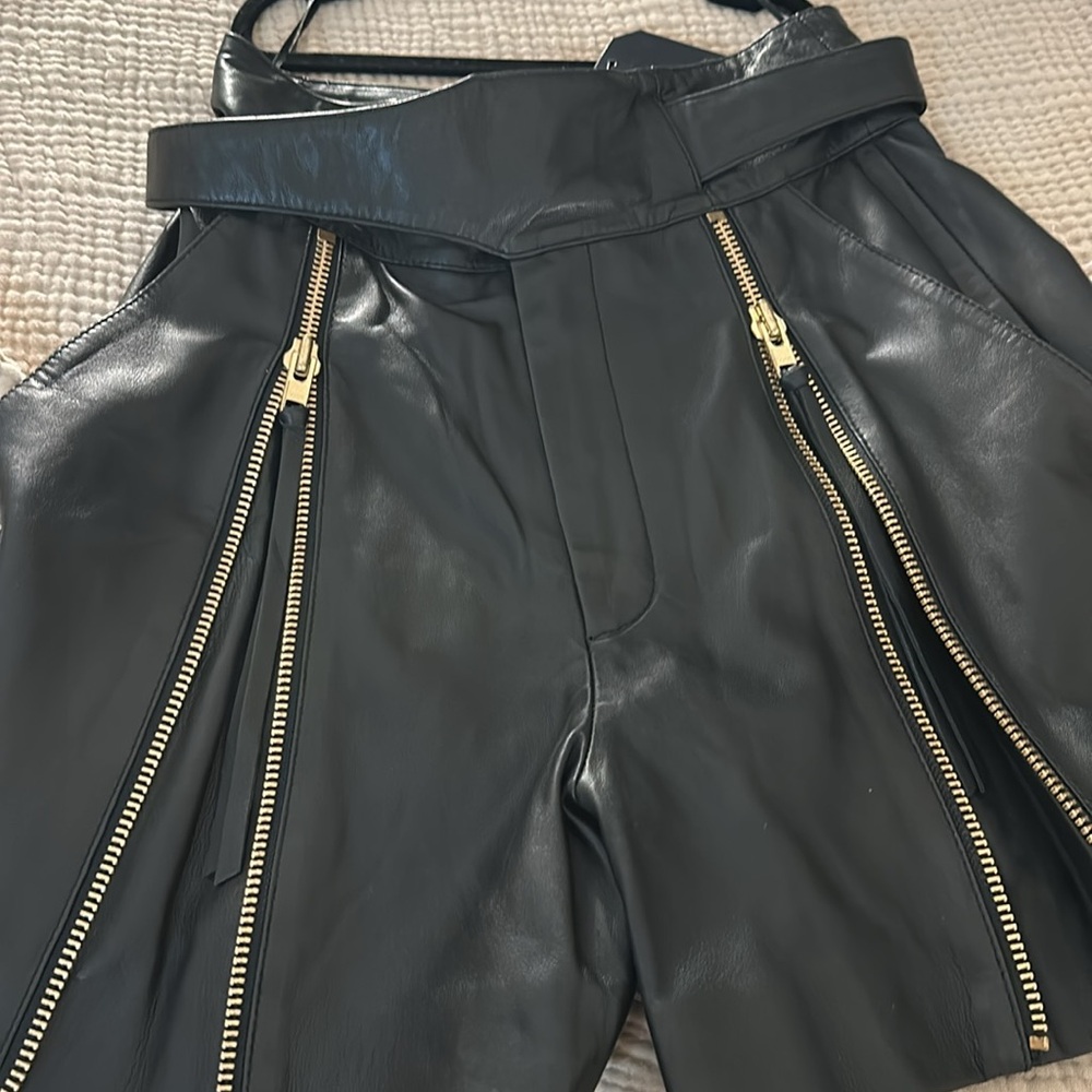 Retrofete Elliot Black Leather Shorts with Zipper Embellishment